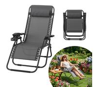 LARS360 Gris foncé Chaise longue pliante, chaise de plage, chaise longue de relaxation pour l'extérieur, max. 120kg, avec coussin, pliable pour le camping, le jardin et la piscine, confortable et peu