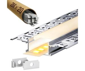 LASLUX Lot de 20 profilés LED pour cloison sèche - 2 m - Pour bandes LED de 20 mm - Profilés encastrés en aluminium pour cloison sèche, canal LED, diffuseur, plafond, mur, éclairage indirect (profil