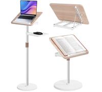 LASUK 2 en 1 Support de Livre Réglable en Hauteur 50-130cm, Support de Lecture en Bois avec Plateau, Support pour Ordinateur Portable pour Sol et Bureau, Support pour Livre de Recette, Tablette, Blanc