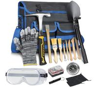 LASUK Kit de 18 pièces de marteau de géologie pour exploitation minière et prospection, y compris marteau, pelle, burin en bois, loupe, sifflet, lunettes, brosses, sacs floqués, boussole