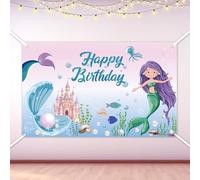 lasuroa Bannière Joyeux Anniversaire Sirène, 180x110cm Décoration Fête Thème Sous la Mer Toile de Fond Accessoires Photo pour Filles