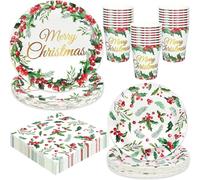 LATERN 100 Pièces Vaisselle en Papier pour Fête de Noël, 25 x 23CM Assiettes à Plates, 25 x 18CM Assiettes à Salade, 25 x 270ml Gobelets, 25 x 16CM Serviettes - pour Noël L'hiver Fêtes Décoration