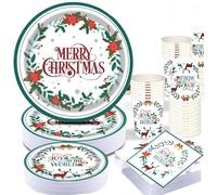 LATERN 100 Pièces Vaisselle en Papier pour Fête de Noël, 25 x 23CM Assiettes à Plates, 25 x 18CM Assiettes à Salade, 25 x 270ml Gobelets, 25 x 16CM Serviettes, 2 x Nappes - pour Noël Fêtes Décoration