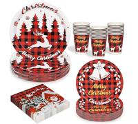 LATERN 100 Pièces Vaisselle en Papier pour Fête de Noël, 25 x 23CM Assiettes à Plates, 25 x 18CM Assiettes à Salade, 25 x 270ml Gobelets, 25 x 16CM Serviettes - pour Noël L'hiver Fêtes Décoration