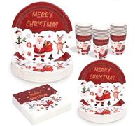 LATERN 100 Pièces Vaisselle en Papier pour Fête de Noël, 25 x 23CM Assiettes à Plates, 25 x 18CM Assiettes à Salade, 25 x 270ml Gobelets, 25 x 16CM Serviettes - pour Noël L'hiver Fêtes Décoration