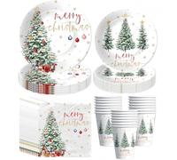 LATERN 100 Pièces Vaisselle en Papier pour Fête de Noël, 25 x 23CM Assiettes à Plates, 25 x 18CM Assiettes à Salade, 25 x 270ml Gobelets, 25 x 16CM Serviettes - pour Noël L'hiver Fêtes Décoration