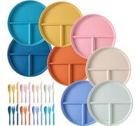 LATERN 8 Pièces Assiettes à Dîner Divisées, 9 Pouces Assiettes Diététiques en Plastique Incassable Plats Divisés à Contrôle des Portions avec Réutilisable Cuillère Couteau Fourchette (8 Couleurs)
