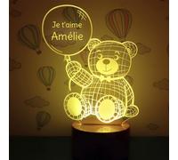 LAUBLUST Veilleuse LED pour enfants - Lampe 3D personnalisée avec prénom & texte | Ours en peluche, trois socles en bois - Cadeau de naissance & de baptême pour fille et garçon | Déco chambre d'enfant
