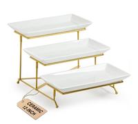 LAUCHUH Plateau de service à 3 niveaux, plateau de service en porcelaine avec support pliable plus robuste, plateaux de service et plateaux de service pour fête des pères, doré, 30,5 cm