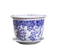 LAUMZX Pot de fleur en céramique bleu et blanc avec plateau drainage, jardinière porcelaine chinoise vintage for plantes d'intérieur, bonsaï, orchidées, récipient à au design floral élégant(21CM*16CM)