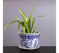 LAUMZX Pot de fleur en porcelaine bleue et blanche avec soucoupe, jardinière céramique chinoise, motif floral délicat, récipient classique for plantes jardin for la maison le bureau(21CM*16CM)