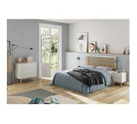 LAUPELL - Chambre 140x190cm avec Commode 3 Tiroirs Pin Naturel et Blanc Scandinave