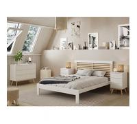 LAUPELL - Chambre 140x190cm avec Commode 7 Tiroirs Pin Naturel et Blanc Scandinave