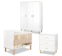 LAURA Chambre bébé complète 3 meubles Blanc + plan à langer lit | Ensemble avec lit évolutif 120×60 cm, commode 3 tiroirs et armoire penderie. Sommier réglable et barrière anti-chute incluse.