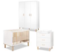 LAURA Chambre bébé complète 3 meubles Blanc + plan à langer commode | Ensemble avec lit évolutif 120×60 cm, commode 3 tiroirs et armoire penderie. Sommier réglable et barrière anti-chute incluse.