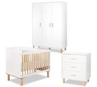 LAURA Chambre bébé complète 3 meubles Blanc + plan à langer lit | Ensemble avec lit évolutif 120×60 cm, commode 3 tiroirs et armoire penderie. Sommier réglable et barrière anti-chute incluse.