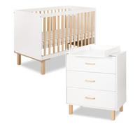 LAURA Ensemble lit bébé 120x60 + commode Blanc + plan à langer commode | Sommier réglable sur 3 niveaux et barrière anti-chute incluse. Les 3 tiroirs offrent une fermeture amortie et silencieuse.