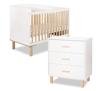 LAURA Ensemble lit bébé 120x60 + commode Blanc + plan à langer lit | Sommier réglable sur 3 niveaux et barrière anti-chute incluse. Les 3 tiroirs offrent une fermeture amortie et silencieuse.