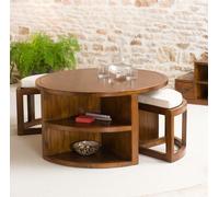 Lauren - table basse et 2 tabourets coussins écrus bois mindi marron