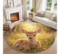 Lavable Pastoral Enfantin Animaux Tapis Rond Antidérapant Salon 150 cm | Brun Cerf Prairie Tapis Antidérapant doux pour Chambre Cuisine Balcon Terrasse Salle à Manger Décoration
