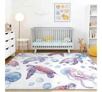 Lavable Tapis Salon 160 x 230 cm Vie Marine Tortue De Mer Méduse pour Enfants Garçons Filles Ados, Aquarelle Dessinée Antidérapant Tapis Chambre À Coucher, Coloré