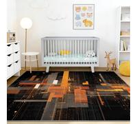 Lavable Tapis Salon 60 x 90 cm Géométrique Rectangle Ligne Grille pour Enfants Garçons Filles Ados, Moderne Abstrait Antidérapant Tapis Chambre À Coucher, Orange Jaune Noir