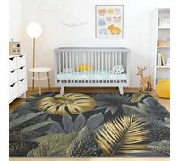 Lavable Tapis Salon 80 x 150 cm Plantes Monstera Feuilles de Palmier pour Enfants Garçons Filles Ados, Tropical Luxe Antidérapant Tapis Chambre À Coucher, Or Gris Anthracite