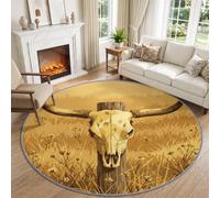 Lavable Western Rustique Animaux Tapis Rond Antidérapant Salon 60 cm | Bison Crâne Foin Jaune Desséché Tapis doux pour Chambre Cuisine Balcon Terrasse Salle à Manger Décoration