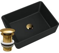Lavabo avec plan de travail en granit et bouchon doré noir