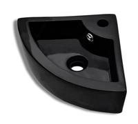 Lavabo d'angle 45 x 32 x 12,5 cm en céramique noire avec trop-plein | céramique, protection anti-débordement, trou pour robinet, noir brillant, forme d'angle, salle de bain, buanderie