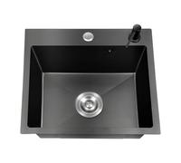 Lavabo de cuisine, moderne, 45 x 40 cm, en acier inoxydable, noir, double trou + kit de drainage, panier d'écoulement 34 x 23 cm, distributeur de savon noir, pour la maison, le restaurant, la cave (45
