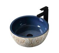 lavabo de salle de bain Lavabo rond en céramique à motifs bleus for balcon, lavabo d'intérieur, accessoires inclus pour vestiaire