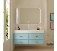 Lavabo en pierre frittée, ensemble de meubles de salle de bains, 140 x 55 cm, meubles de salle de bains, armoires de salle de bains, meuble-lavabo, miroir à LED, bleu /LSC140/