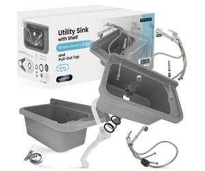 Lavabo évier de jardin - Lavabo de service - 50 x 34 x 21 cm - Gris - Avec tablette et mitigeur à douchette extractible - Pour extérieur