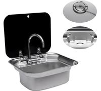 Lavabo mural en acier inoxydable, de taille compacte, avec un couvercle rabattable pratique, finition noir argenté