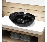 Lavabo ovale en céramique avec trou de robinet et trou de trop-plein en | Céramique haute brillance, trop-plein intégré, trou de robinet 3,5 cm, trou de vidange 4,5 cm, design moderne