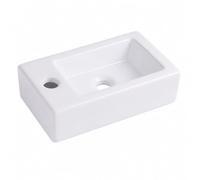 Lavabo Relaxdays, H x L x P: 10 x 37 x 18 cm, perçage robinet, blanc | sans trop-plein, céramique, effet lotus, lavabo suspendu carré, fixation murale, pour petites salles de bain et WC invités