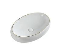 Lavabo sur plan Lavabo ovale en céramique blanche et bonde escamotable forme d'œuf moderne au-dessus du comptoir de salle bain, décoration élégante avec bord doré Plan de travail(61cm)
