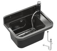 Lavabo Universel avec Siphon et Batterie D'Évier Extensible - 50x34x31 cm - Évier Exterieur pour Garage et Cave - Montage Mural - Noir - Granitan