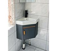 Lave Main WC Angle Meuble-lavabo D'angle pour Petites Salles de Bain/Salle D'eau, Lavabo Triangulaire Suspendu avec Meuble Sous-vasque, Blanc et Gris(43x43cm (16 7/8x16 7/8"))