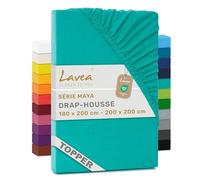 Lavea® Drap-Housse pour Surmatelas/Topper 180x190/200cm - Jersey 100% Coton - pour Surmatelas Jusqu’à 10 cm - avec Élastique Tout Autour - Certifié Oeko-TEX - Turquoise