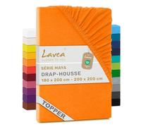 Lavea® Drap-Housse pour Surmatelas/Topper 180x190/200cm - Jersey 100% Coton - pour Surmatelas Jusqu’à 10 cm - avec Élastique Tout Autour - Certifié Oeko-TEX - Rouge couchant