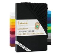 Lavea® Drap-Housse pour Surmatelas/Topper 180x190/200cm - Jersey 100% Coton - pour Surmatelas Jusqu’à 10 cm - avec Élastique Tout Autour - Certifié Oeko-TEX - Noir