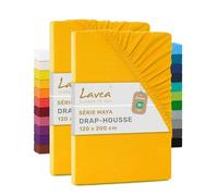 Lavea® Lot de 2 Draps-Housses 120x200 cm - Jaune Doré | 100% Coton - Drap Housse avec Élastique Tout Autour, pour Lits Standard, Épais Jusqu’à 20 cm, Certifié OEKO-TEX®