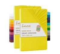 Lavea® Lot de 2 Draps-Housses 120x200 cm - Jaune Soleil | 100% Coton - Drap Housse avec Élastique Tout Autour, pour Lits Standard, Épais Jusqu’à 20 cm, Certifié OEKO-TEX®