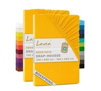 Lavea® Lot de 2 Draps-Housses 160x200 cm - Jaune Doré | 100% Coton - Drap Housse avec Élastique Tout Autour, pour Boxspring, Épais Jusqu’à 20 cm, Certifié OEKO-TEX®