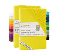 Lavea® Lot de 2 Draps-Housses 160x200 cm - Jaune Soleil | 100% Coton - Drap Housse avec Élastique Tout Autour, pour Boxspring, Épais Jusqu’à 20 cm, Certifié OEKO-TEX®