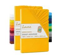 Lavea® Lot de 2 Draps-Housses 180x200 cm - Jaune Doré | 100% Coton - Drap Housse avec Élastique Tout Autour, pour Lits Standard, Épais Jusqu’à 20 cm, Certifié OEKO-TEX®