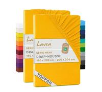Lavea® Lot de 2 Draps-Housses 180x200 cm - Jaune Doré | 100% Coton - Drap Housse avec Élastique Tout Autour, pour Lits à Surmatelas, Épais Jusqu’à 10 cm, Certifié OEKO-TEX®