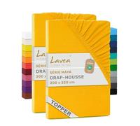 Lavea® Lot de 2 Draps-Housses 200x220 cm - Jaune Doré | 100% Coton - Drap Housse avec Élastique Tout Autour, pour Lits à Surmatelas, Épais Jusqu’à 10 cm, Certifié OEKO-TEX®